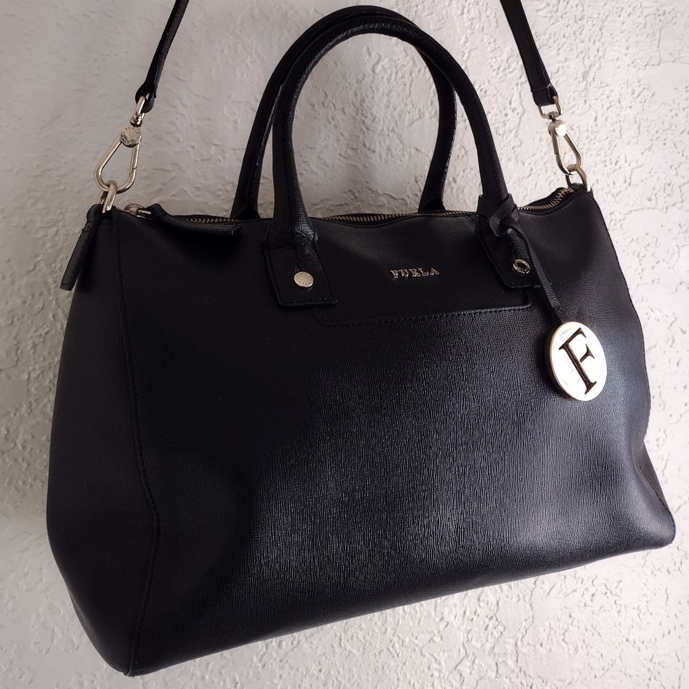 Furla Linda Medium Leather Black And Gold Satchel Bag - Picture 3 of 14